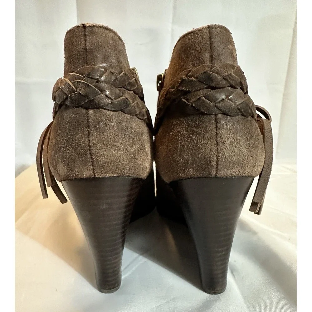 Franco Sarto Brown Suede Wedge Booties Braided Tassel Boho Womens 10